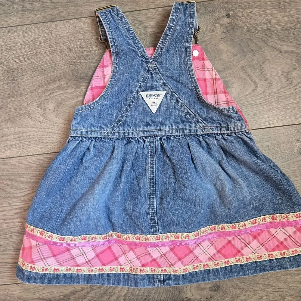 OshKosh B’gosh Vintage Girls 12M Blue Denim Overall Dress Heart Pink Plaid Y2K